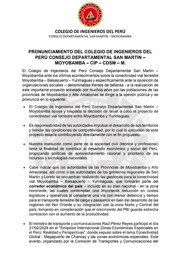 Pronunciamiento sobre Conectividad Vial