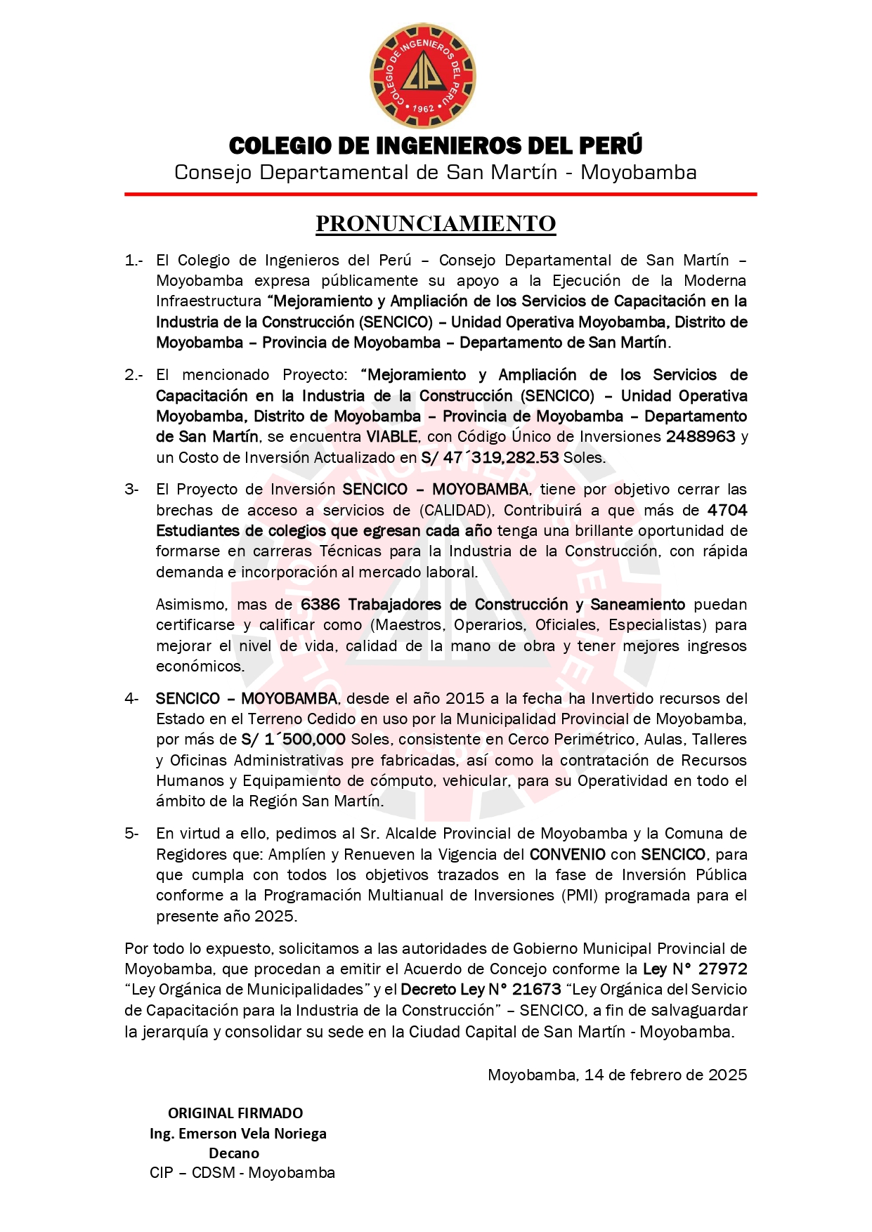 Pronunciamiento Sencico Moyobamba